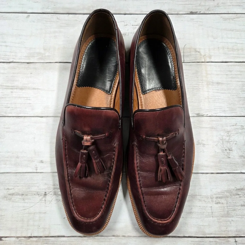 Blake McKay Tassel Loafers Men 9.5 Burgundy Leather Handcrafted T8 Slip On Shoes